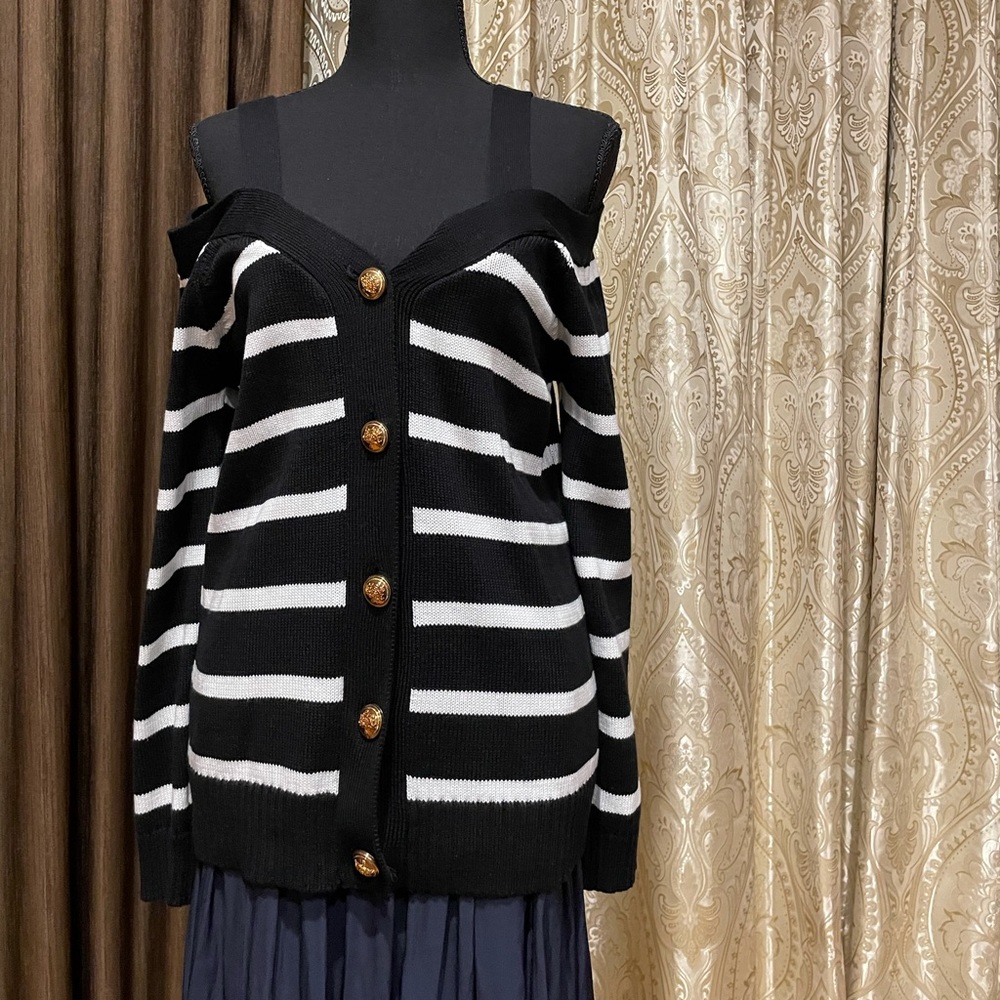 knitted striped off-shoulder sweater